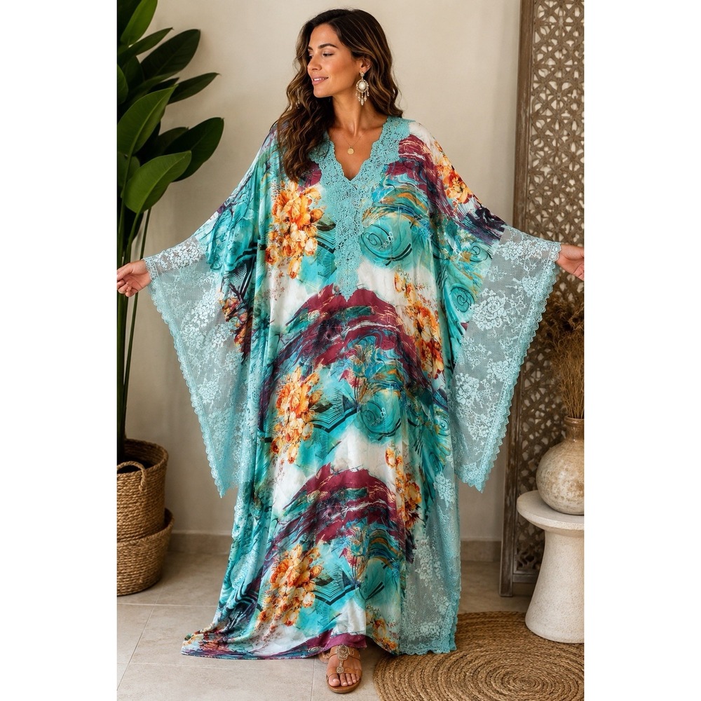 Coco Box Kaftan Floral Maxi Dress Boho Abstract Lace Batwing Resort Silk #E5-1